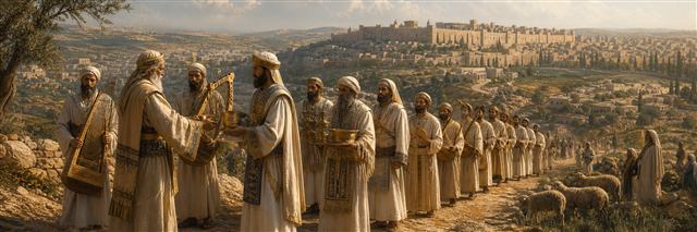 Levite priests and temple musicians carrying instruments and sacred vessels toward Jerusalem